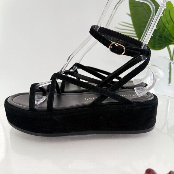 Stuart Weitzman Summerlift Platform Strappy Sandal Round Toe Black Size 10 Flat - Picture 7 of 16